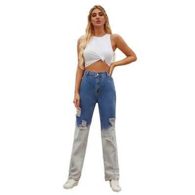 China INS High-Waisted Thin Breathable Gradient Color Blue Washed Manual Ripped Straight Leg Leisure Women Jeans Pants for sale