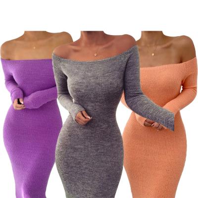 China Anti-Static Anti-Static Off Shoulder Fall Solid Color Long Sleeve Casual Simple Women Knitted Long Sweater Dresses Bodycon Maxi Dress for sale