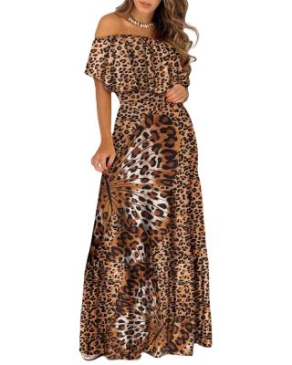 China Women's Summer Ruffled Leopard Butterfly Strapless Maxi Dress Anti-Static Print for sale