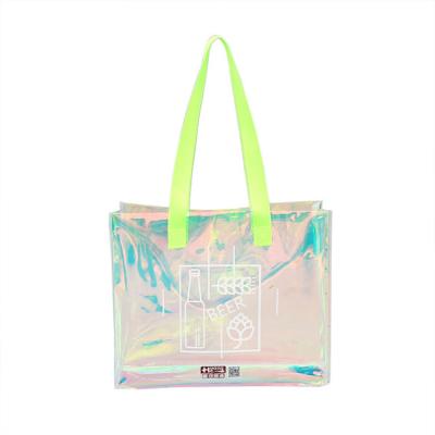 China Hot Sales Fashion Custom Iridescent Clear PVC Hologram Handled Holographic Packaging Shopping Bag With Logo for sale