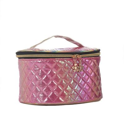 China New Fashion PU Diamond Pattern Waterproof Leather Cosmetic Bag Travel Portable Round Cosmetic Bag for sale