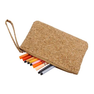 China Eco Friendly Flexible Cork Makeup Pen Pencil Coins Storage Zipper Clutch Bag With Wrist Handle for sale