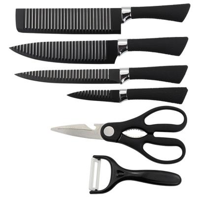 China Wave Black 6pcs Durable Non Stick Stainless Steel Kitchen Knives Scissors Peeler Set for sale