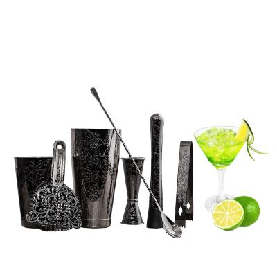 China Sustainable New Design Etching Bar Tools Black Plated Cocktail Shaker Set for sale