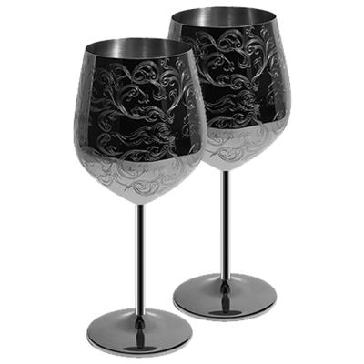 China Sustainable New Food Grade Black Etched Stainless Steel Wine Goblet Wine Glass Set of 2 for sale