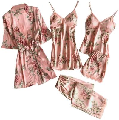 China Breathable 5Pcs Set Ice Silk Satin Nightgowns Women Sexy Camisole Costume Sleepwear Girls Lace Up Long Pajamas Set For Winter Summer Pajamas Woman for sale