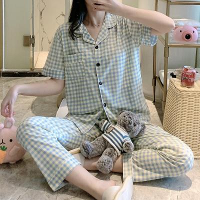 China QUICK DRY Hot Sale Summer Two Piece Pajamas Set Korea Satin Sleepwear Girls Lapel Collar Plaid Pants Causal Short Sleeves Pajamas for sale