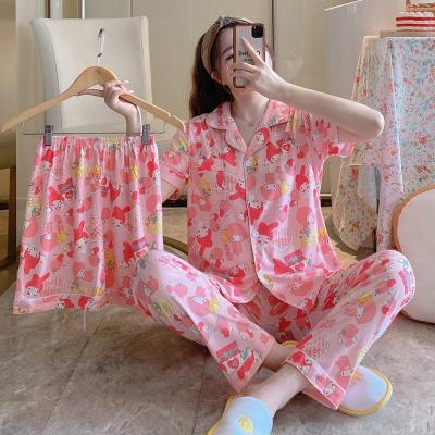 China QUICK DRY Korean Girls Spring Short Sleeve Sleepwear 3Pc Set Pajamas Nightgowns Pijama Women Femme Pj Pijama Mujer Pajama Cheap For Women for sale