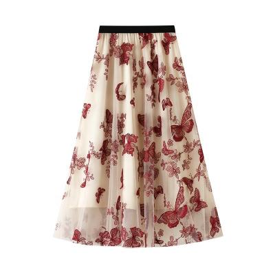 China 2022 Girls Mesh A Line Floral Print Tulle Tutu High Skirt Breathable Women Skirt Elastic Waist Layered Long Midi Skirts For Women for sale