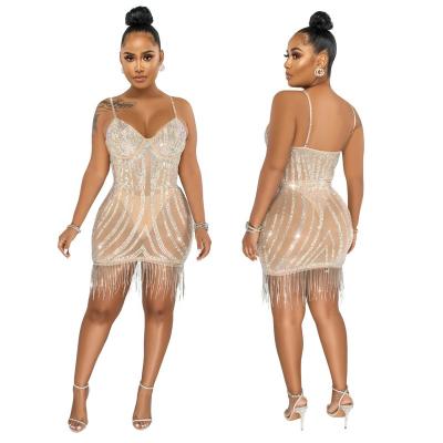 China Women's Anti-Wrinkle 2022 Sexy Bodycon Dress Mesh See Through Glitter Rhinestone Beads Toss Mini Club Party Dress Fitted Sleeveless for sale