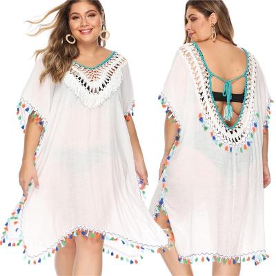 China Plus Size Mujer Beach Crochet Tassel Women's V-Neckline 3XL Plus Size Cover-UPS Fringe Dresses 2022 Ladies Long White Swimsuit Cover Ups for sale