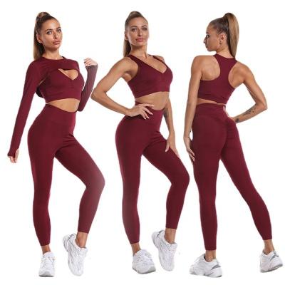 China Breathable Women's Fitness Clothing 3 Piece Sports 2 Piece Workout Set Women Yoga Set Private Label Tracksuit Workout Crop Top Clothing for sale