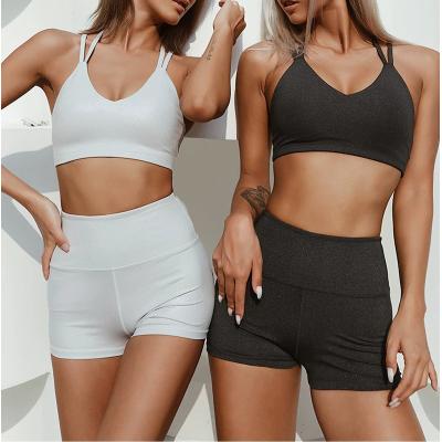 China YUCHI Solid Color Breathable Hot Selling Double Strap Sports Bra Shorts Set Quick Dry Slim Fit Women Yoga Shorts Set for sale