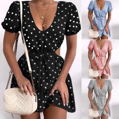 China 2021 new arrivals women's fashion casual anti-static summer v-neck polka dot print hollow waist short-sleeved dress for sale