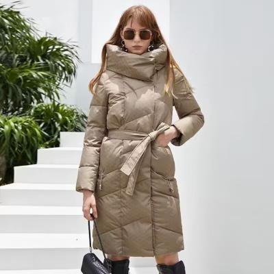 China                  Winter Long Thick Padded Coat Women Printed Fabric Coat Fashion Casual Belted Jacket              for sale