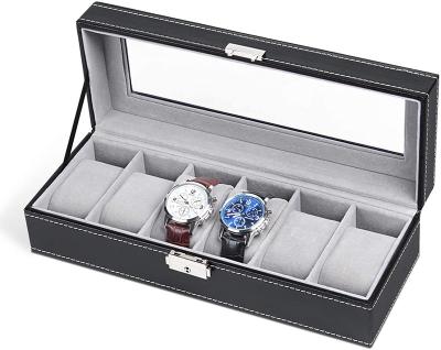 China Elelgent 6 Slot Leather Watch Box Display Case Organizer Glass Jewelry Storage Black for sale