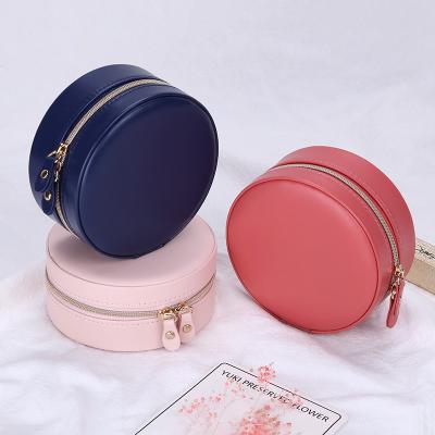 China Elelgent Velvet Wholesale Custom Travel Leather Earring Ring Necklace Storage Case Organizer PU Jewelry Logo Small Jewelery Box Round for sale