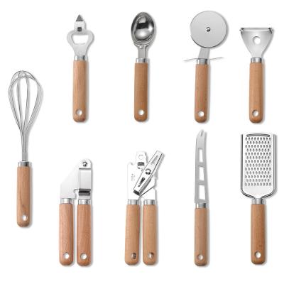 China Viable Wholesale Luxury Wooden Grain 9 Piece Small Kitchen Accessory Tool Set Set with Egg Beater Cheese Knife Ice Cream Spoo for sale