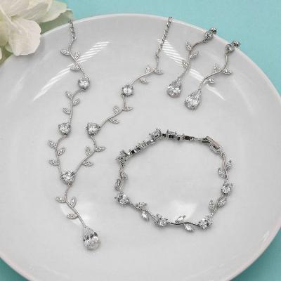 China Nickel Free Tear Drop CZ Silver Wedding Bridal Jewelry Set Necklace Earrings And Bracelet for sale