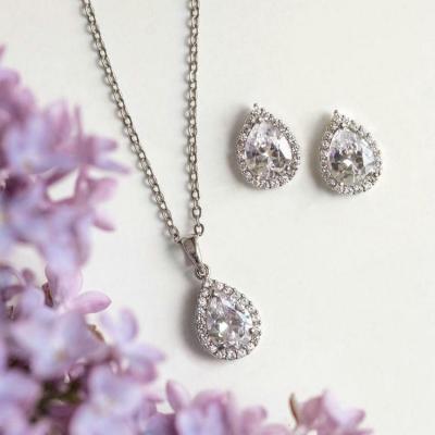 China Kara Rhinestone Silver Teardrop Earring Necklace Wedding Jewelry Set For Bridesmaid for sale