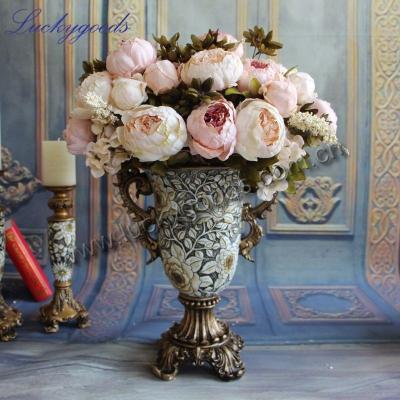 China Popular selling Silk+plastic LF333 Luckygoods champagne peony flower bouquet bush for wedding decoration for sale