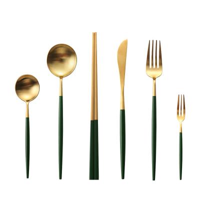 China Sustainable Green Gold Stainless Steel Utensils Flatware Cutlery Set For Home Kitchen Restaurant for sale