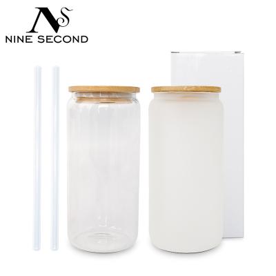 China 2022 New Arrival 12oz 16oz 20oz Viable Sublimation Empty Beer Shaped Glass Soda Can With Bamboo Lid And Straw for sale