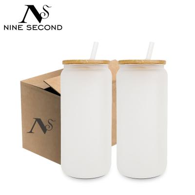 China Viable Sublimation Box 12oz/16oz/25oz Heat Transfer Mug Sublimation Glass Empty Clear Frosted Glass Beer Can With Bamboo Lids for sale