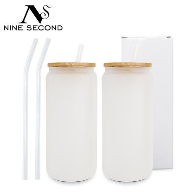 China Viable Hot Sale RTS DIY Clear 12oz Beer Frosted Formed Glass Coated Soda Can 16oz Mason Jar Blank Sublimation Can With Bamboo Lid for sale