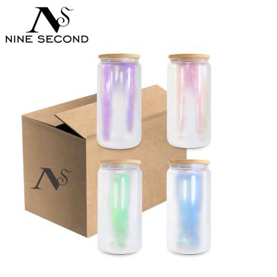 China Newest viable rainbow 16oz sublimation iridescent glass canister for sublimation beer can glass masks sublimation glass with bamboo lid for sale