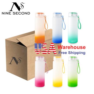 China RTS Viable Gradient Frosted Sublimation Mugs Sublimation Glass Water Bottle With Silicone Rope Portable Handy Cup for sale