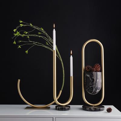 China Minimalist Decorative Flower Candle Holder Table Centerpieces Wedding Decoration Brass Marble Vase for sale