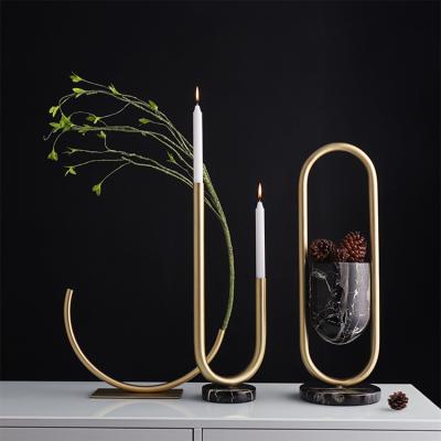 China Vintage Minimalist Europe Set Garden Wedding Home Decor Gold Stone Candlestick Candle Holder Metal Copper Flower Vase for sale