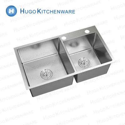 China Without Faucet Deep Drop In 304 Stainless Steel Handmade Kitchen Double Sink With Basket Strainer for sale