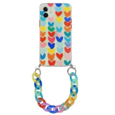 China Luxury Anti-fall Love Heart Wristband Phone Case For Iphone 13 Colorful Wrist Chain Phone Case for sale