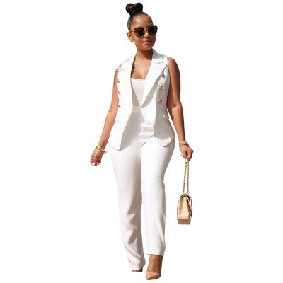 China Women Viable Clothing Solid Sleeveless Button Two Piece Plus Size Small Suit Waistcoat Vest Jacket Pants Ladies Office Suits for sale