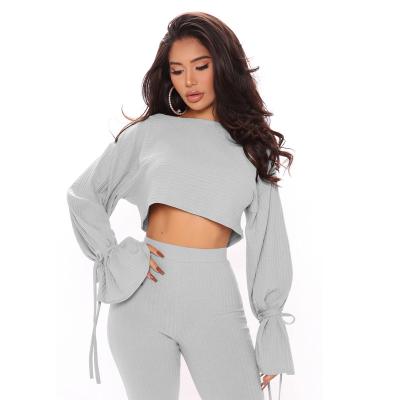 China 2021autumn sale 2021autumn fashion navel neck long sleeve pants sexy QUICK DRY skinny solid curvy pants women two piece jogger for sale