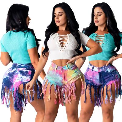 China Hot Style Fringed Fringed Bridle QUICK DRY Render Old Tie Dye Plus Size Denim Shorts Womens Jeans Pants Casual Womens Summer Shorts for sale