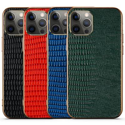 China Full Shockproof Protection Electroplate Edge Lizard Pattern Back Cover Leather Case For iPhone 12 Series Leather Case for sale