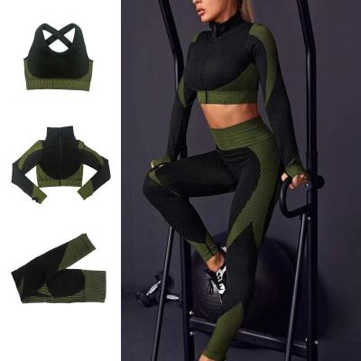 China 35%Polyester 5% Spandex Breathable Nylon 60% Fitness Yoga Set Women Yoga Suit Seamless Yoga Wear 3 Pieces for sale