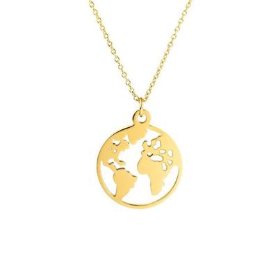 China Stainless Steel TRENDY Minimalist Earth Women Jewelry Medal World Map Pendant Necklace for sale