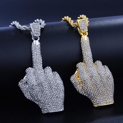 China Big Diamond Style Jewelry Women Wholesale Personalize Simple Fingers HipHop Combine Crystal Diamond Big Middle Finger Pendant Necklace for sale