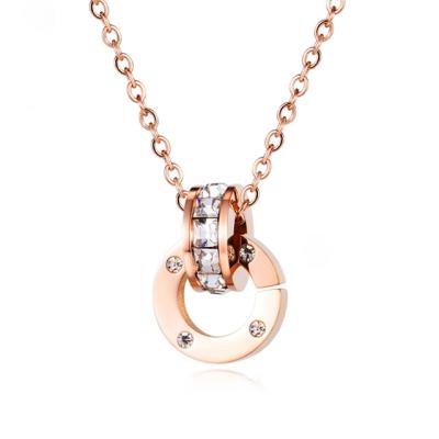 China Luxury European TRENDY Rose Gold Female Double Circle With Diamonds Stainless Steel Necklace for sale