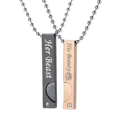 China FASHION Hot Selling Lovers Couple Beauty and Beast Engravable Puzzle Vertical Bars Pendant Necklace for sale