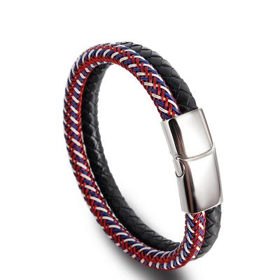 China 2021 Amazon wholesale stainless steel men's best-selling braided double layer leather bracelet for sale