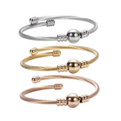 China Trendy Stainless Steel Designer Brand Inspired Cable Adjustable Wire Bangle Bracelet With Round Ball for sale