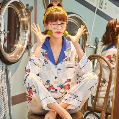 China Wholesale QUICK DRY Women's Ice Silk Add New Spring Fertilizer Pajamas Silk Sleepwear Two Piece Sets Long Sleeve Pants for sale