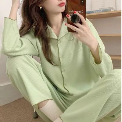 China Home Suit Korean Style QUICK DRY 2 Piece Pajamas Set For Female Full Sleeve Pajamas Women Long Pants Solid Sleepwear for sale