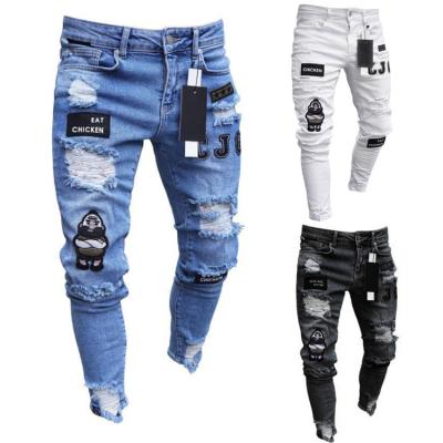 China European size hot men's hip-hop high-end stretch thin fit QUICK DRY ripped pants new men's badge slim fit jeans for sale