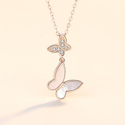 China 925 Sterling Silver Pearlescent Butterfly Necklace Romantic Double Layer Necklace Jewelry 925 Sterling Silver Cubic Zirconia Diamond Clavicle Chain for sale